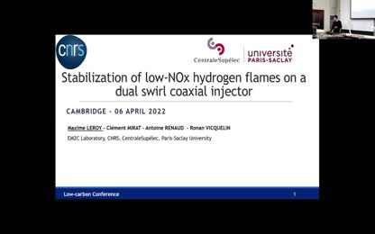 Stabilization of low-NOx hydrogen flames on a dual swirl coaxial injector